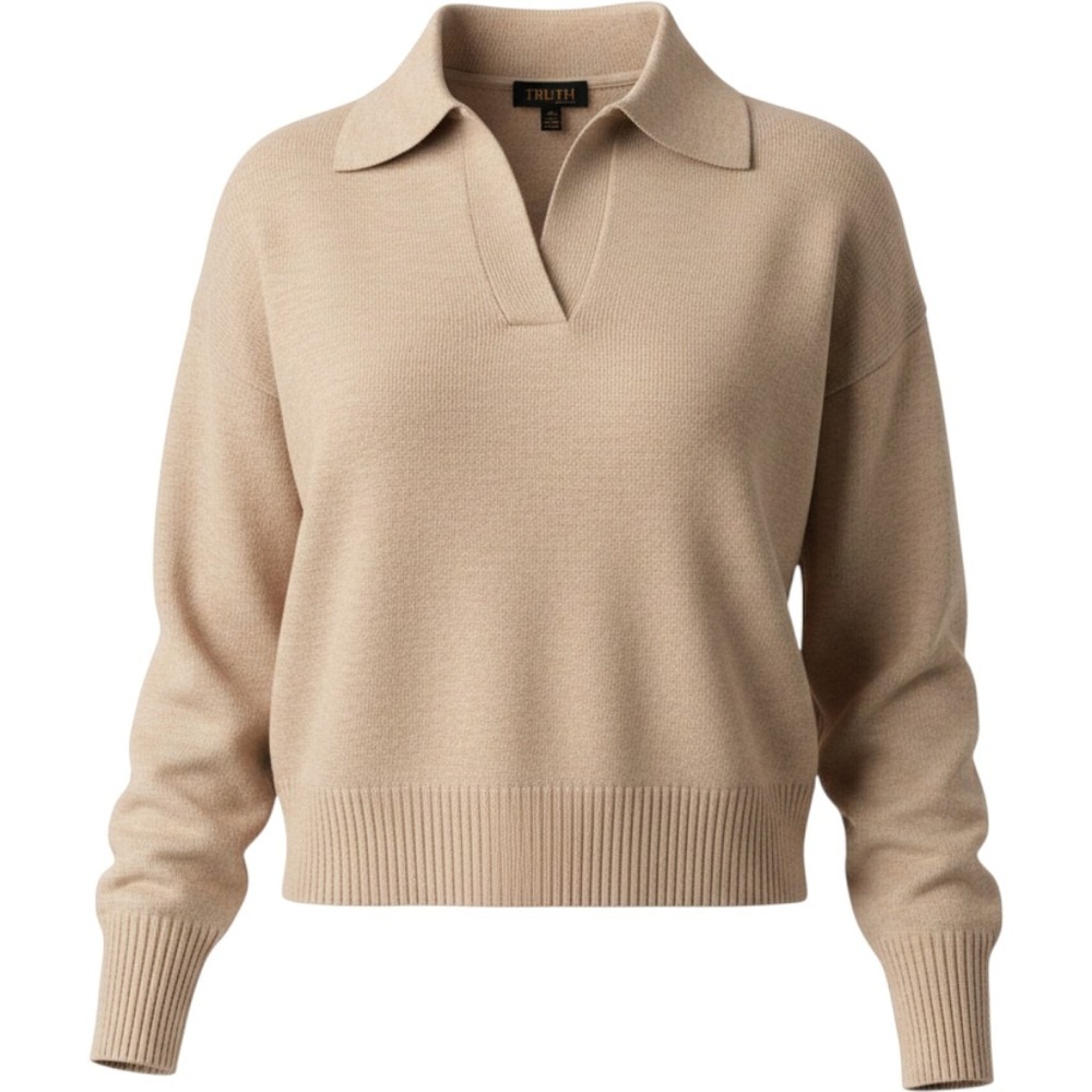 Truth by Republic Womens Polo Sweater Almond Bisque Heather V-Neck NWT Size M